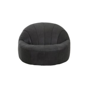 ntique black leather cocoon lounge chair with pleated upholstery and curved high-back design for modern luxury interior seating.