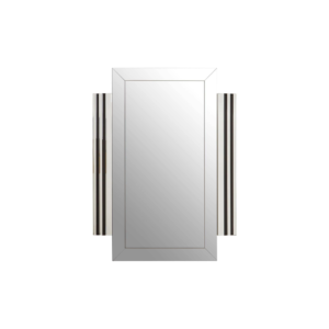 Large rectangular wall mirror with layered side panels, bevelled corners, and black trim accents, designed for modern architectural interior styling.