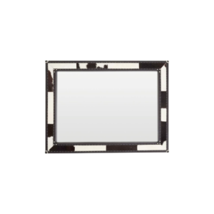 Rectangular wall mirror with black and white genuine cowhide frame, black leather trim, and decorative stud detail for luxury monochrome interior décor.