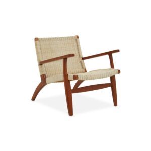 Natural rattan woven accent chair with solid mahogany wood frame, armrests, and mid-century boho styling for modern interior seating.