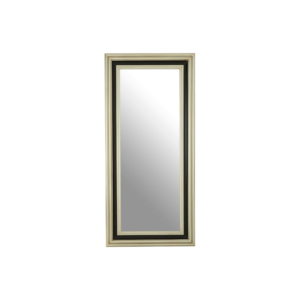 Tall rectangular wall mirror with black and silver natural wood frame, bevelled corners, and reflective centre glass for elegant classical interior décor.