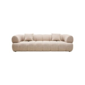 Cream linen curved three seater sofa with channel tufted detailing and rounded back design for modern luxury living room seating.