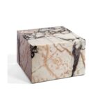 Cube-shaped satin marble side table with natural veining and smooth honed finish, designed for modern minimalist interior décor.