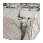 Cube-shaped satin marble side table with natural veining and smooth honed finish, designed for modern minimalist interior décor.