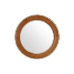 Round wall mirror with tan genuine leather frame, dual nickel steel rims, and reflective centre glass for stylish modern interior décor.
