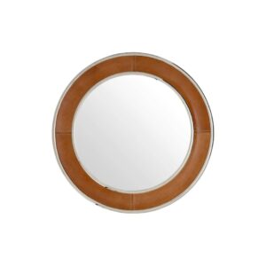 Round wall mirror with tan genuine leather frame, dual nickel steel rims, and reflective centre glass for stylish modern interior décor.