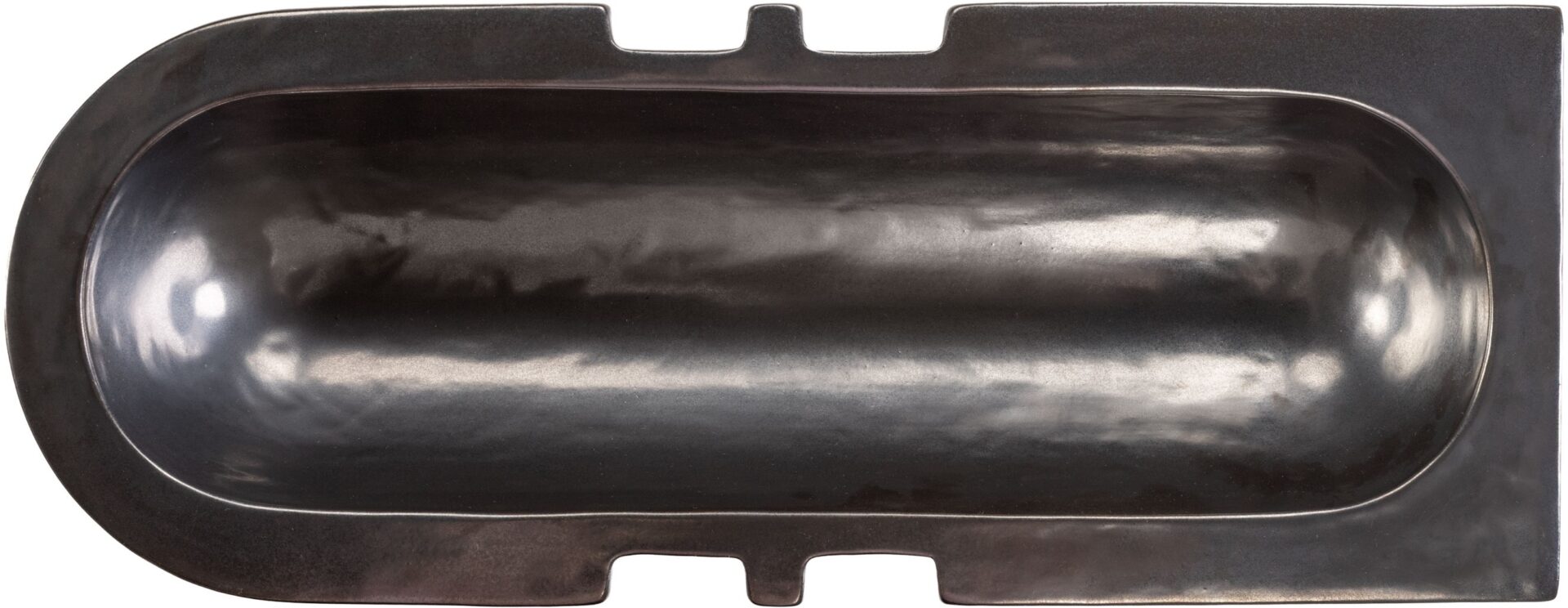 Artie Shawl decorative ceramic bowl in gunmetal finish with elongated sculptural design by Inge Simonis.