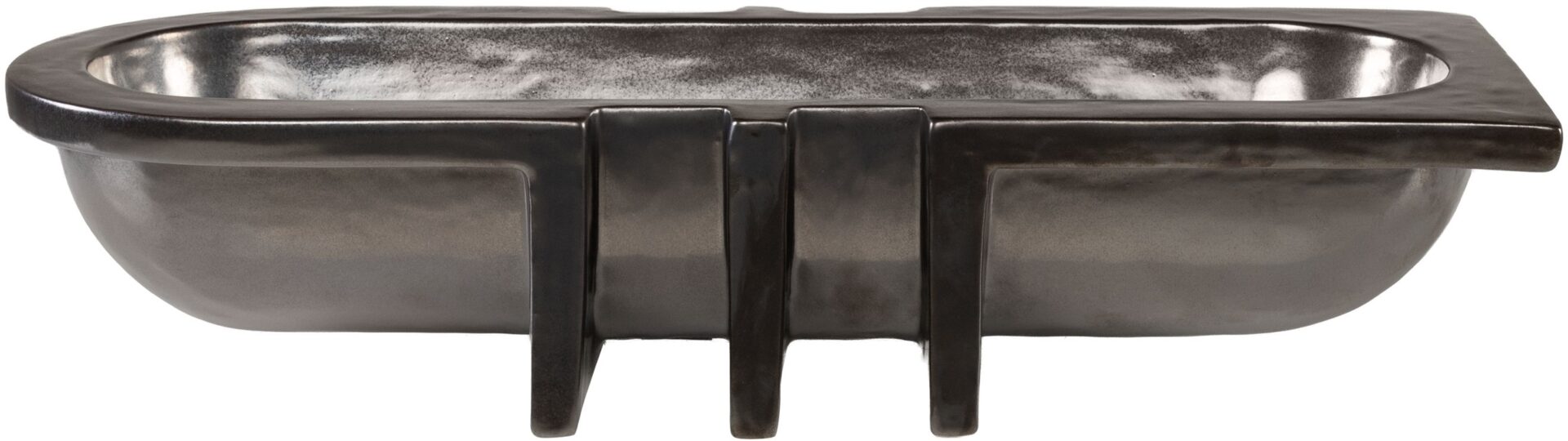 Artie Shawl decorative ceramic bowl in gunmetal finish with elongated sculptural design by Inge Simonis.