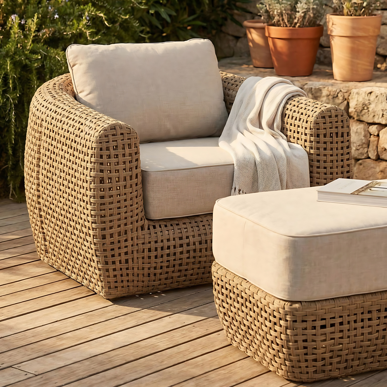 bloom outdoor lounge chair, lifestyle image on wooden decking