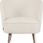 Cream bouclé accent chair with curved backrest and brushed bronze stainless steel legs, designed for modern luxury interior seating.