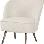 Cream bouclé accent chair with curved backrest and brushed bronze stainless steel legs, designed for modern luxury interior seating.