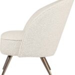 Cream bouclé accent chair with curved backrest and brushed bronze stainless steel legs, designed for modern luxury interior seating.