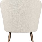 Cream bouclé accent chair with curved backrest and brushed bronze stainless steel legs, designed for modern luxury interior seating.