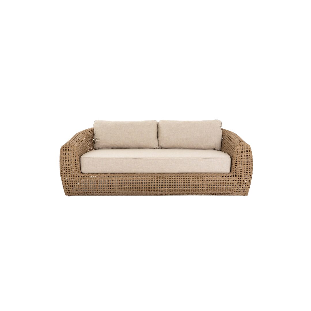BLOOM Outdoor Sofa in neutral tones, modern design, spacious and suitable for garden or patio entertaining.