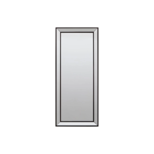 Tall rectangular bevelled wall mirror with slim black wooden frame and double-layered border, designed for elegant modern interior décor.