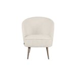 Cream bouclé accent chair with curved backrest and brushed bronze stainless steel legs, designed for modern luxury interior seating.
