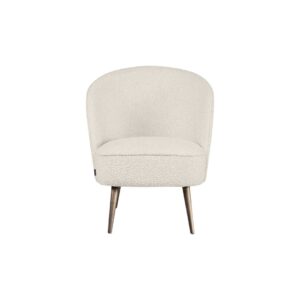 Cream bouclé accent chair with curved backrest and brushed bronze stainless steel legs, designed for modern luxury interior seating.