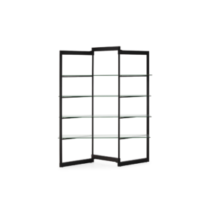 ARMIN Black Shelving Unit with black metal frame and tempered glass shelves used as a modern room divider in a contemporary interior.