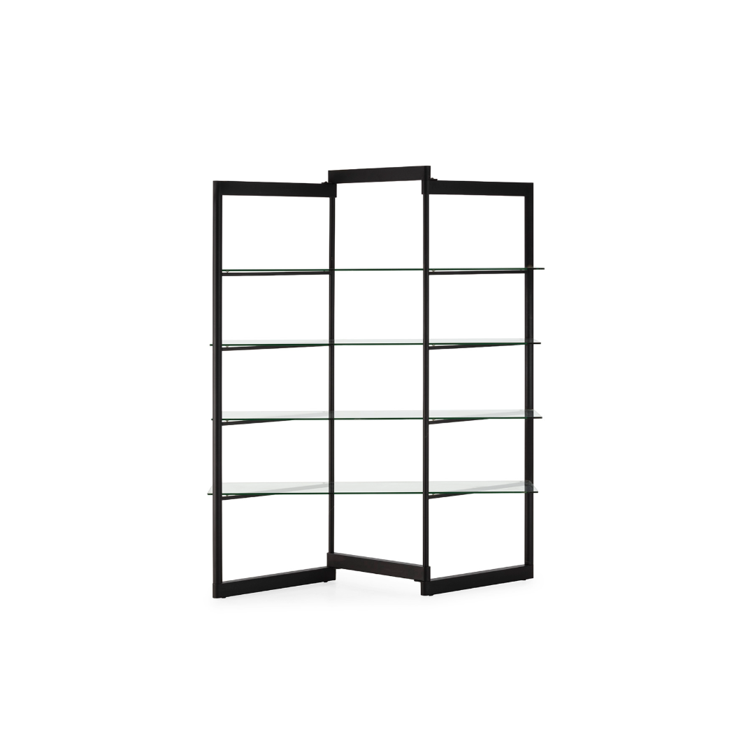 ARMIN Black Shelving Unit with black metal frame and tempered glass shelves used as a modern room divider in a contemporary interior.