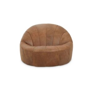Light brown leather cocoon lounge chair with pleated upholstery and curved design, offering stylish and comfortable seating for modern interiors.