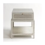 White and greyish oak finish bedside table with slatted drawer front and open lower shelf, designed for elegant modern bedroom storage.
