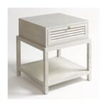 White and greyish oak finish bedside table with slatted drawer front and open lower shelf, designed for elegant modern bedroom storage.