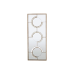 Tall rectangular wall mirror with antique silver circular accents, intersecting light wood frame, and geometric mid-century modern design for elegant interiors.