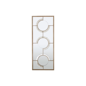 Tall rectangular wall mirror with antique silver circular accents, intersecting light wood frame, and geometric mid-century modern design for elegant interiors.