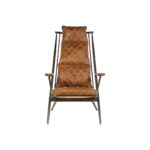 Light brown quilted leather chair with iron frame and wooden armrests, designed for industrial-style modern interior seating.