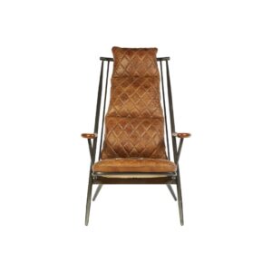 Light brown quilted leather chair with iron frame and wooden armrests, designed for industrial-style modern interior seating.