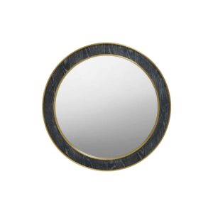 Round decorative wall mirror with oak veneer frame in black and grey finish, featuring gold stainless steel trim and large reflective glass surface for interior wall styling.