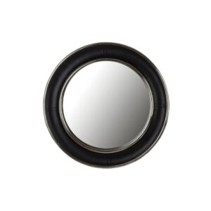 Round wall mirror with black genuine leather wide rim frame, polished nickel steel rims, and reflective centre glass for modern luxury interior décor.