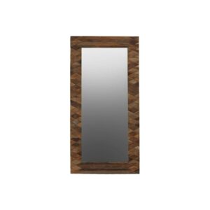 Minimalist rectangular wall mirror crafted from reclaimed elm wood with geometric accents and clear mirrored glass, designed for modern interior wall décor.