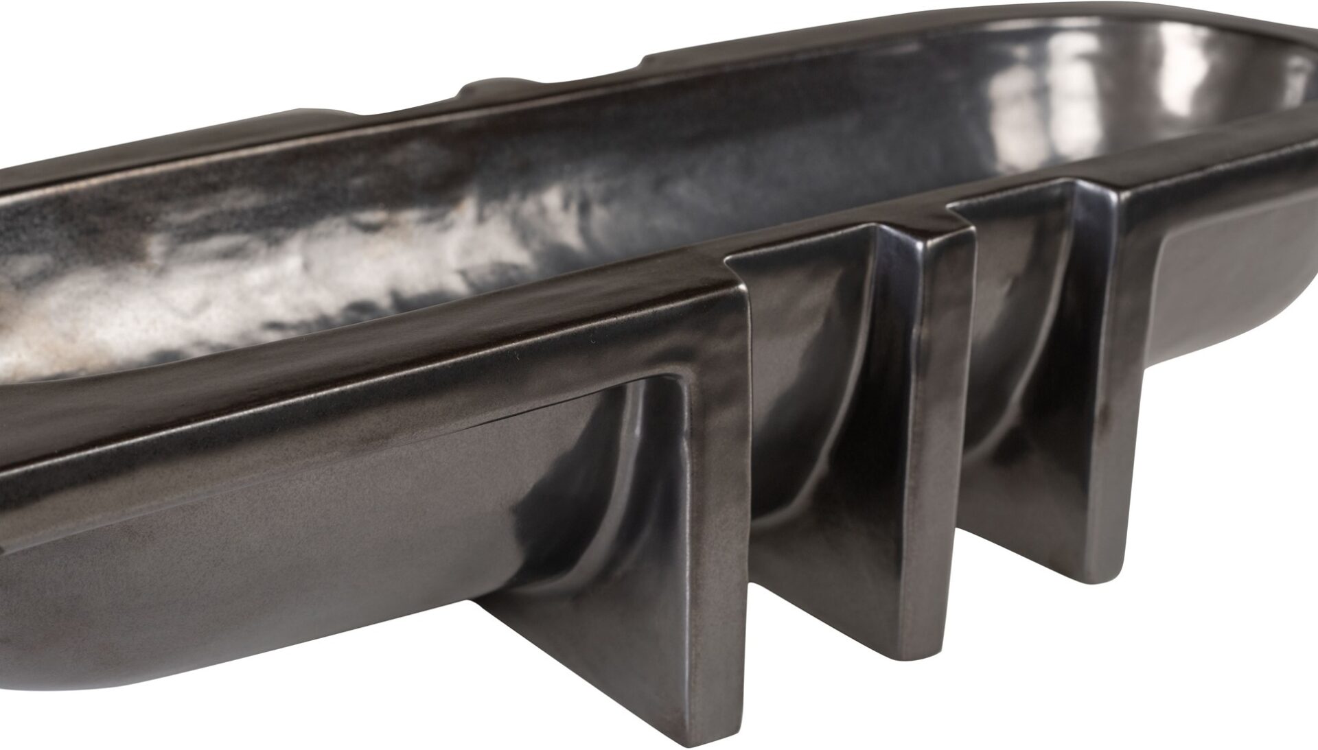 Artie Shawl decorative ceramic bowl in gunmetal finish with elongated sculptural design by Inge Simonis.