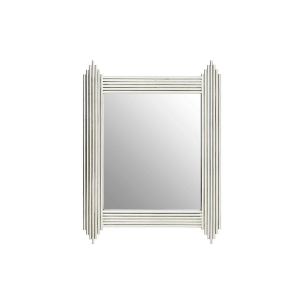 Rectangular wall mirror with polished stainless steel frame made from parallel fluted rods, creating a glamorous contemporary statement for luxury interiors.