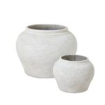 Set of two matte white ceramic planters with minimalist Mediterranean design, ideal for indoor and outdoor greenery styling.