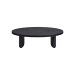 Large oval black brown oak coffee table with sculptural end legs and contemporary open tabletop detail, designed for luxury modern living spaces.