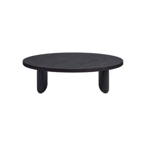 Large oval black brown oak coffee table with sculptural end legs and contemporary open tabletop detail, designed for luxury modern living spaces.